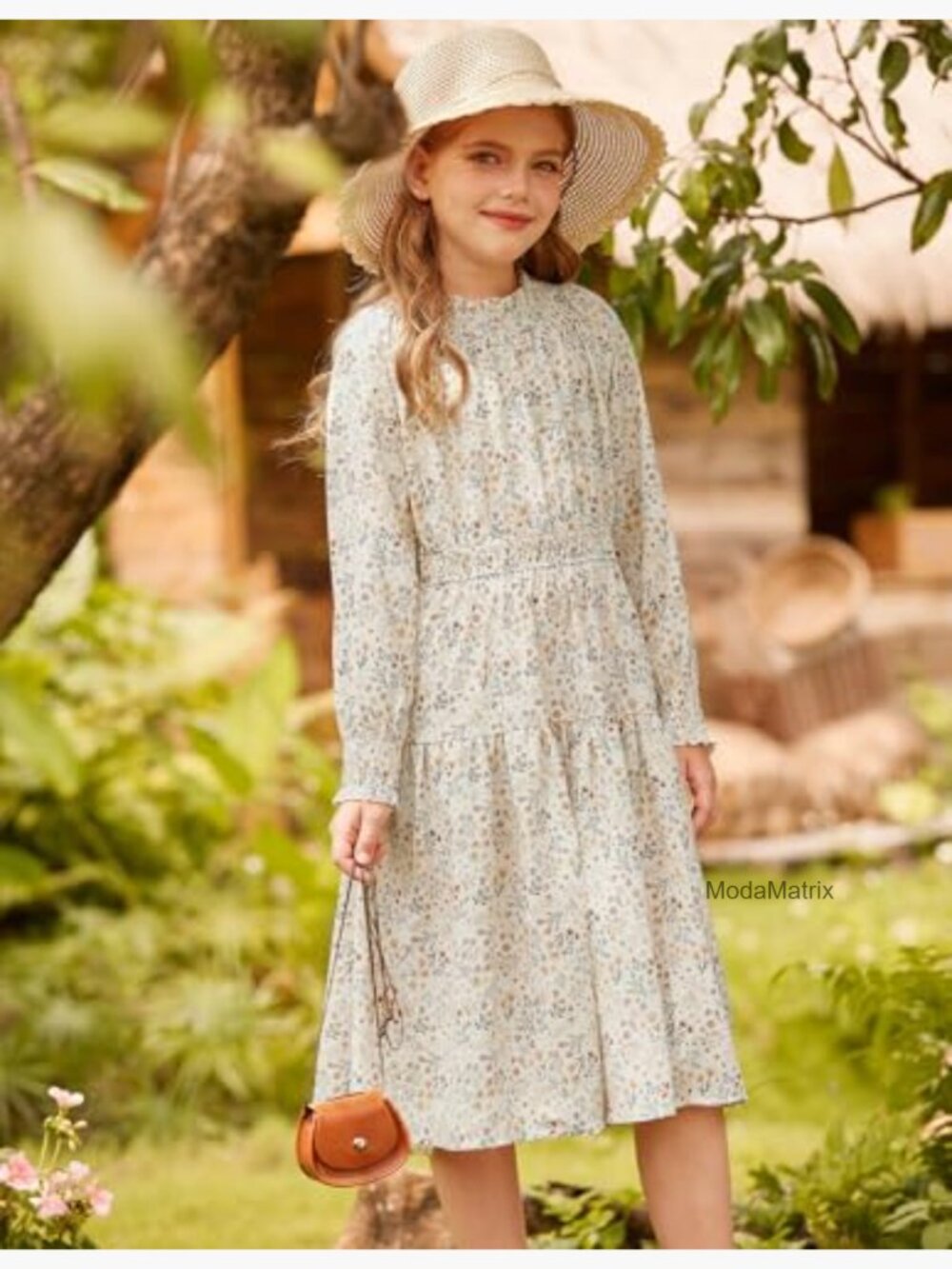 Girls Long Sleeve Floral Midi Dress High Waist Pockets - Picture 4 of 6